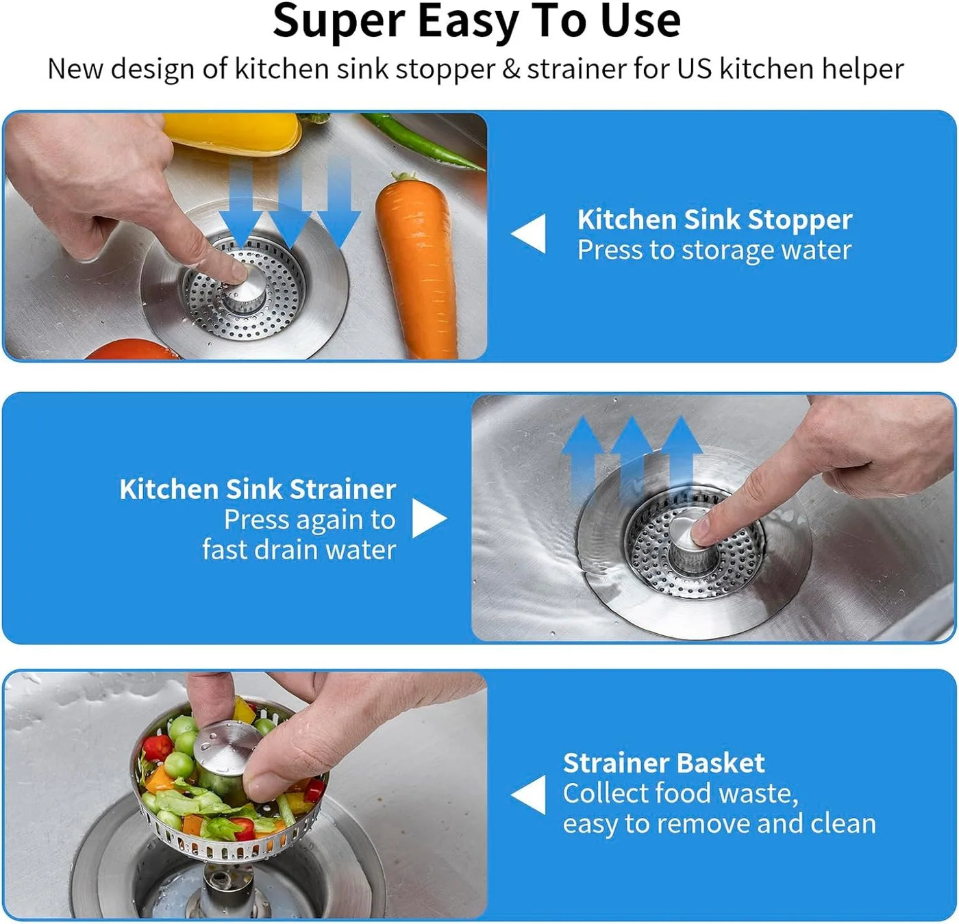 3 in 1 Kitchen Sink Drain Strainer -Stainless Steel
